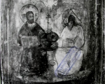 Retuš domaćeg slikara (Nenko Solak Dmitrov) po ruskoj ikoni iz XVII v: Sv. Trojica 1684, tempera na dasci, 28,7 X 23 X 2,3 cm